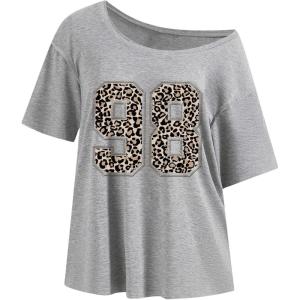 imageVerdusa Womens Off The Shoulder Letter Graphic Tees Shirts Jersey Short Sleeve Summer Tee TopsGrey98