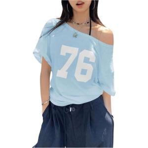 imageVerdusa Womens Off The Shoulder Letter Graphic Tees Shirts Jersey Short Sleeve Summer Tee TopsMint Blue