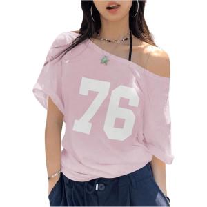 imageVerdusa Womens Off The Shoulder Letter Graphic Tees Shirts Jersey Short Sleeve Summer Tee TopsPink