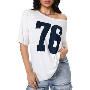 imageVerdusa Womens Off The Shoulder Letter Graphic Tees Shirts Jersey Short Sleeve Summer Tee TopsWhite