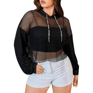 imageVerdusa Womens Sexy See Through Fishnet Long Sleeve Drawstring Hoodie Top SweatshirtBlack