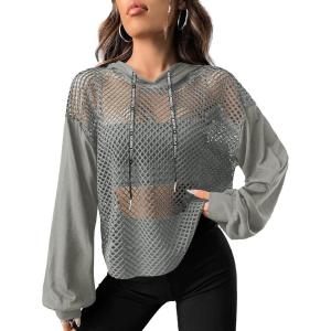 imageVerdusa Womens Sexy See Through Fishnet Long Sleeve Drawstring Hoodie Top SweatshirtGrey