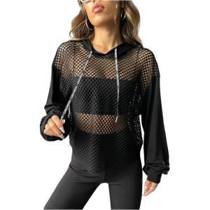 imageVerdusa Womens Sexy See Through Fishnet Long Sleeve Drawstring Hoodie Top SweatshirtSolid Black