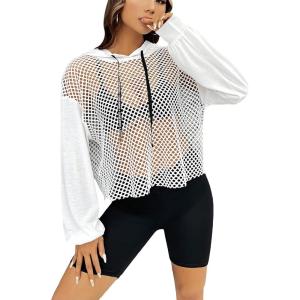 imageVerdusa Womens Sexy See Through Fishnet Long Sleeve Drawstring Hoodie Top SweatshirtWhite