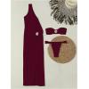 imageVerdusa Womens 3 Piece Elegant Swimwear Bikini Set Asymmetrical Swimsuit with One Shoulder Cover UpBurgundy