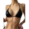 imageVerdusa Womens Triangle Bikini Top Self Tie PU Leather Halter Swim TopBlack