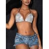imageVerdusa Womens Triangle Bikini Top Self Tie PU Leather Halter Swim TopSilver