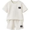 imageVerdusa Toddler Boys Casual 2 Piece Outfit Letter Patched Round Neck Tee Top and Elastic Waist Track Bermuda ShortsBeige