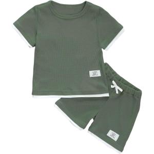 imageVerdusa Boys 2 Piece Casual Summer Outfits Waffle Knit Short Sleeve T Shirt and Track Shorts SetsArmy Green