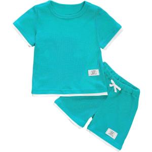 imageVerdusa Boys 2 Piece Casual Summer Outfits Waffle Knit Short Sleeve T Shirt and Track Shorts SetsBlue