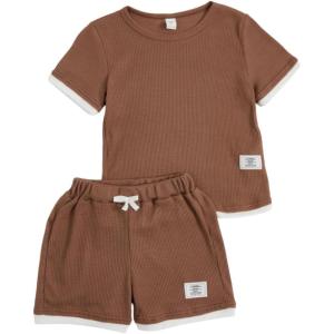 imageVerdusa Boys 2 Piece Casual Summer Outfits Waffle Knit Short Sleeve T Shirt and Track Shorts SetsBrown