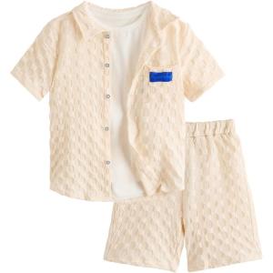 imageVerdusa Boys 2 Piece Outfit Textured Letter Short Sleeve Shirt and Shorts SetBeige