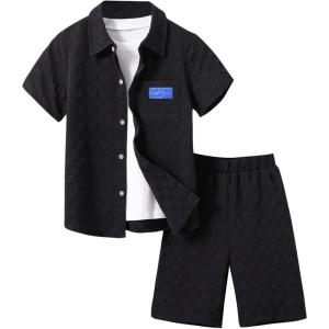 imageVerdusa Boys 2 Piece Outfit Textured Letter Short Sleeve Shirt and Shorts SetBlack