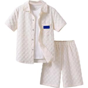 imageVerdusa Boys 2 Piece Outfit Textured Letter Short Sleeve Shirt and Shorts SetKhaki