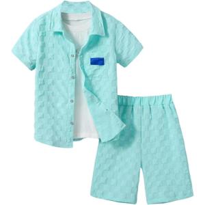 imageVerdusa Boys 2 Piece Outfit Textured Letter Short Sleeve Shirt and Shorts SetMint Green