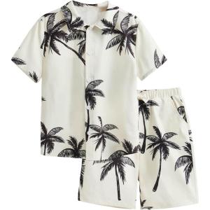 imageVerdusa Boys 2 Piece Outfits Hawaiian Vacation Beach Button Down Shirt and Shorts Matching SetsBeige