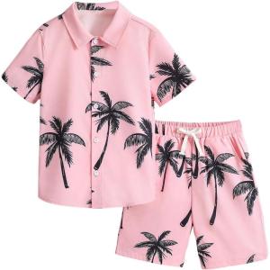 imageVerdusa Boys 2 Piece Outfits Hawaiian Vacation Beach Button Down Shirt and Shorts Matching SetsLight Pink