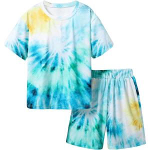 imageVerdusa Boys 2 Piece Outfits Tie Dye Crew Neck Tee Shirts and Track ShortsGreen and Blue