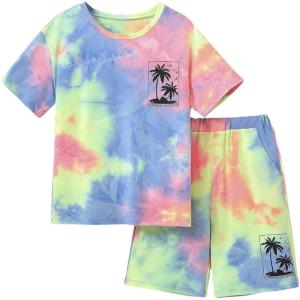 imageVerdusa Boys 2 Piece Outfits Tie Dye Crew Neck Tee Shirts and Track ShortsMulticolor