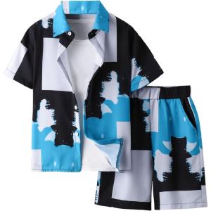 imageVerdusa Boys 2 Piece Set Colorblock Button Down Collar Neck Short Sleeve Shirt with High Waist ShortsMulticolor