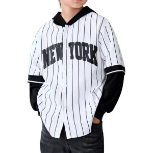 imageVerdusa Boys Jersey Shirt Color Block Long Sleeve Top Stripe Letter Graphic Print Hooded Button Down ShirtWhite
