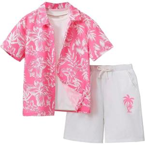 imageVerdusa Boys Tropical Print 2 Piece Outfit Collar Button Front Shirt and Shorts SetMulticolor