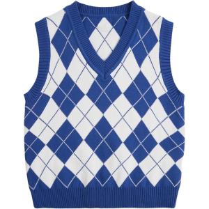 imageVerdusa Boys V Neck Argyle Print Knitted Vintage Sweater Vest Casual Sleeveless PulloversBlue