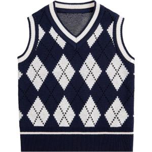 imageVerdusa Boys V Neck Argyle Print Knitted Vintage Sweater Vest Casual Sleeveless PulloversBlue Grey