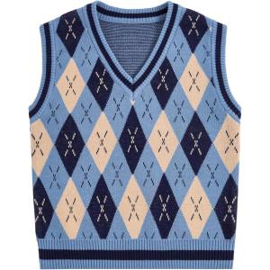 imageVerdusa Boys V Neck Argyle Print Knitted Vintage Sweater Vest Casual Sleeveless PulloversLight Blue