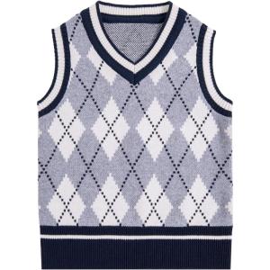 imageVerdusa Boys V Neck Argyle Print Knitted Vintage Sweater Vest Casual Sleeveless PulloversLight Grey
