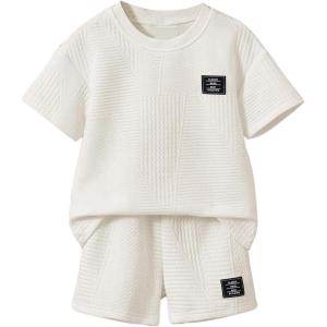 imageVerdusa Toddler Boys Casual 2 Piece Outfit Letter Patched Round Neck Tee Top and Elastic Waist Track Bermuda ShortsBeige