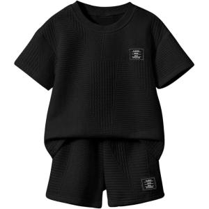 imageVerdusa Toddler Boys Casual 2 Piece Outfit Letter Patched Round Neck Tee Top and Elastic Waist Track Bermuda ShortsBlack