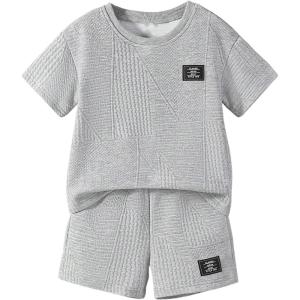 imageVerdusa Toddler Boys Casual 2 Piece Outfit Letter Patched Round Neck Tee Top and Elastic Waist Track Bermuda ShortsGrey