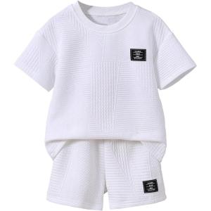 imageVerdusa Toddler Boys Casual 2 Piece Outfit Letter Patched Round Neck Tee Top and Elastic Waist Track Bermuda ShortsWhite