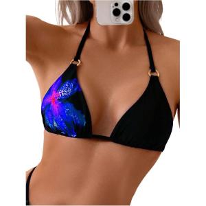 imageVerdusa Womens Floral Print Halter Bikini Top String Triangle Bra Swimsuit TopsBlack and Purple