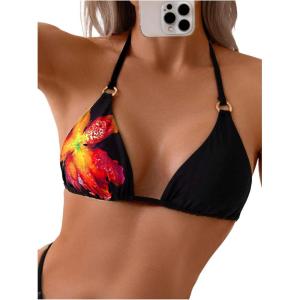 imageVerdusa Womens Floral Print Halter Bikini Top String Triangle Bra Swimsuit TopsBlack and Red