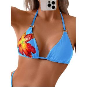 imageVerdusa Womens Floral Print Halter Bikini Top String Triangle Bra Swimsuit TopsBlue and Red