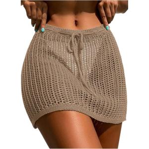 imageVerdusa Womens Tie Front High Waist Crochet Short Beach Skirt Swimsuit Cover UpKhaki