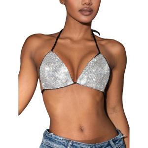 imageVerdusa Womens Triangle Bikini Top Self Tie PU Leather Halter Swim TopSilver