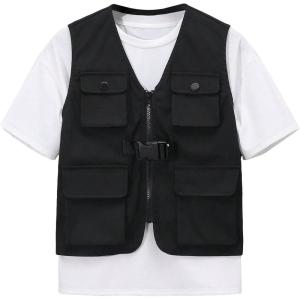 imageVerdusa Boys Flap Pocket Zipper Up Sleeveless Casual Cargo Vest Jacket OuterwearBlack