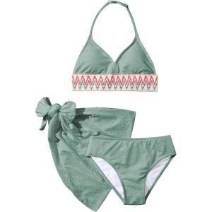 imageVerdusa Girls 3 Piece Halter Bikini Sets Bathing Suit with Cover Up SkirtGreen