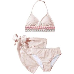 imageVerdusa Girls 3 Piece Halter Bikini Sets Bathing Suit with Cover Up SkirtPink