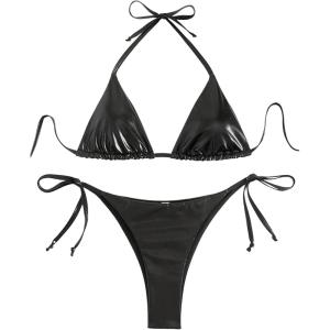 imageVerdusa Womens 2 Piece Bathing Suit Metallic Swimwear Halter String Triangle Bikini SetsBlack