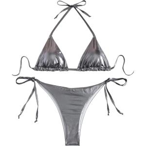 imageVerdusa Womens 2 Piece Bathing Suit Metallic Swimwear Halter String Triangle Bikini SetsDark Grey