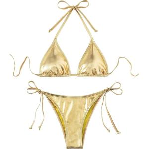 imageVerdusa Womens 2 Piece Bathing Suit Metallic Swimwear Halter String Triangle Bikini SetsGold
