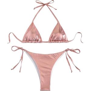 imageVerdusa Womens 2 Piece Bathing Suit Metallic Swimwear Halter String Triangle Bikini SetsPink