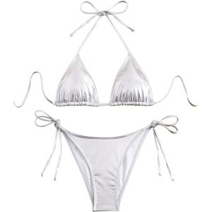 imageVerdusa Womens 2 Piece Bathing Suit Metallic Swimwear Halter String Triangle Bikini SetsSilver