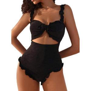 imageVerdusa Womens Cut Out One Piece Swimsuit Frill Trim Tummy Control Bathing SuitBlack