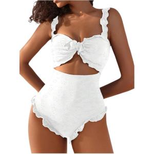 imageVerdusa Womens Cut Out One Piece Swimsuit Frill Trim Tummy Control Bathing SuitWhite