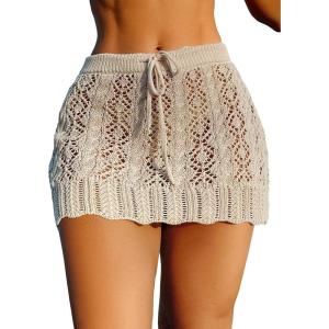 imageVerdusa Womens Hollow Out Knit Scalloped Elastic Waist Swimsuit Beach Cover Up Mini SkirtApricot